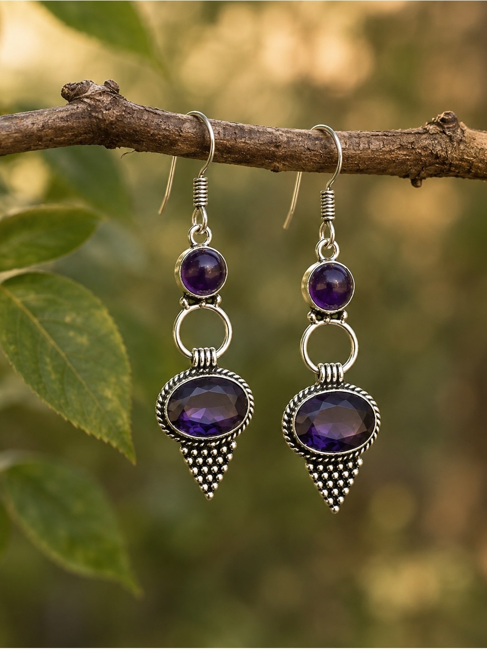 925 Silver and Purple Dangle Drop Boho 2.5” Earrings - Amethyst